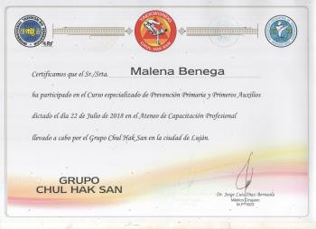Certificado de asistencia de Curso de Prevención Primaria y Primeros Auxilios 2018 Malena Benega (Asistente Sr)
